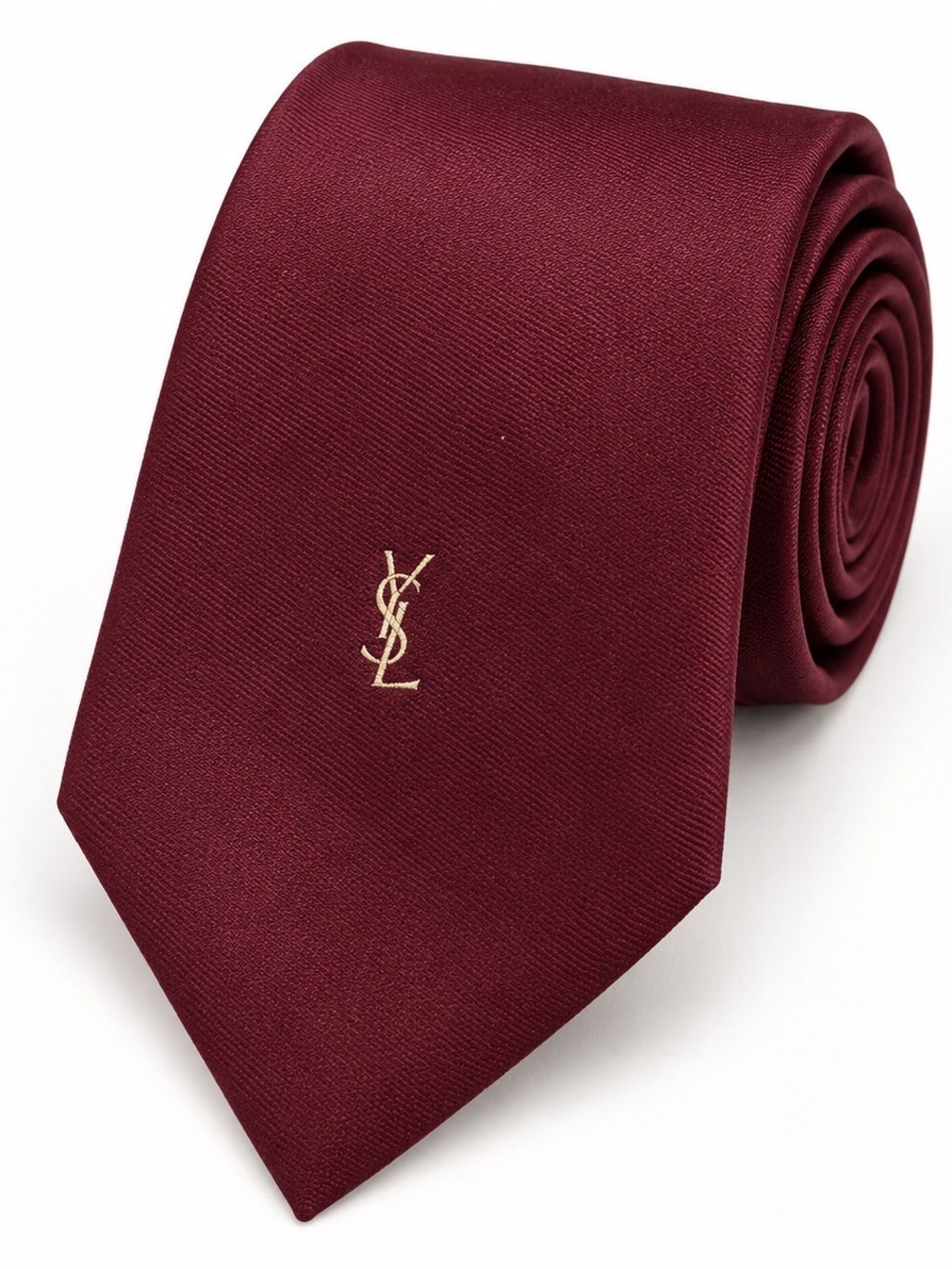 Saint Laurent Wine Red Silk Tie with Gold YSL Emblem